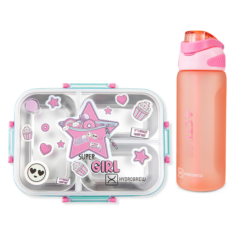 Hydrobrew Steel Core Bento Lunch Box 750ml w/ Sip Switch Tritan Water Bottle 1000ml | Leakproof 3 Compartment Meal Box – Teal Spark