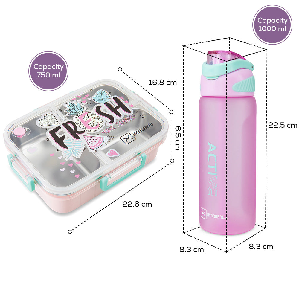 Hydrobrew Steel Core Bento Lunch Box 750ml w/ Sip Switch Tritan Water Bottle 1000ml | Leakproof 3 Compartment Meal Box – Fresh Pink