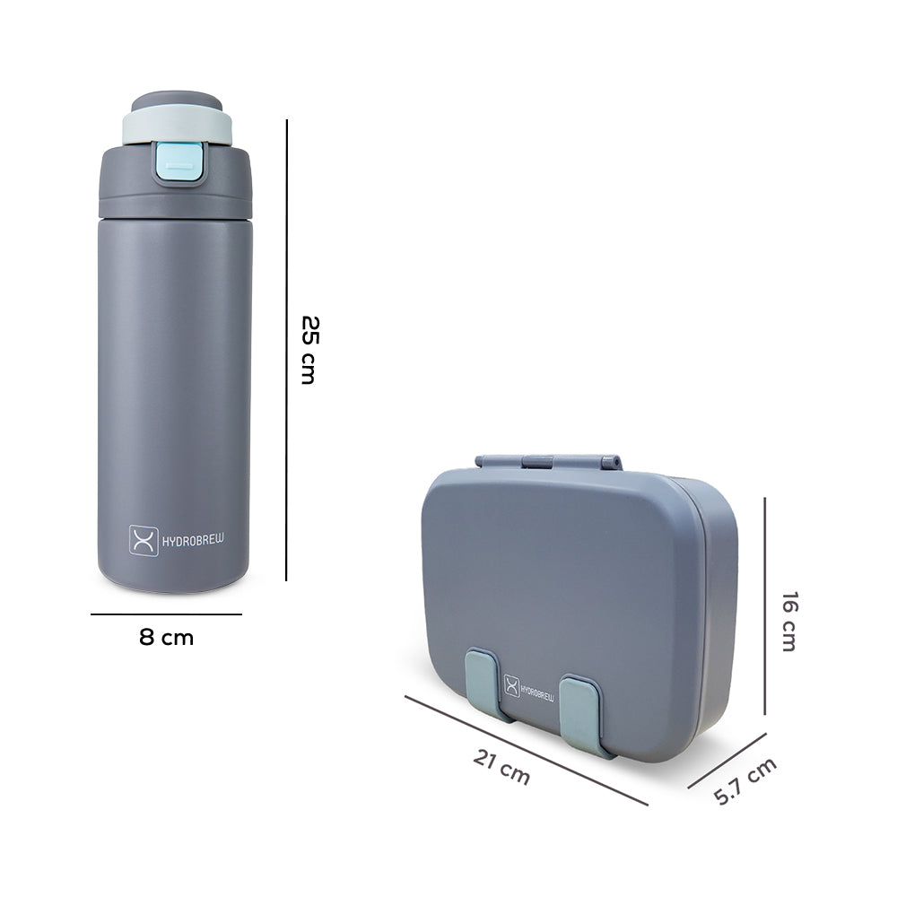 Hydrobrew Steel Core Bento Lunch Box 839ml w/ SipSwitch Insulated Water Bottle 720ml | Stainless Steel Leakproof Meal Box – Graphite