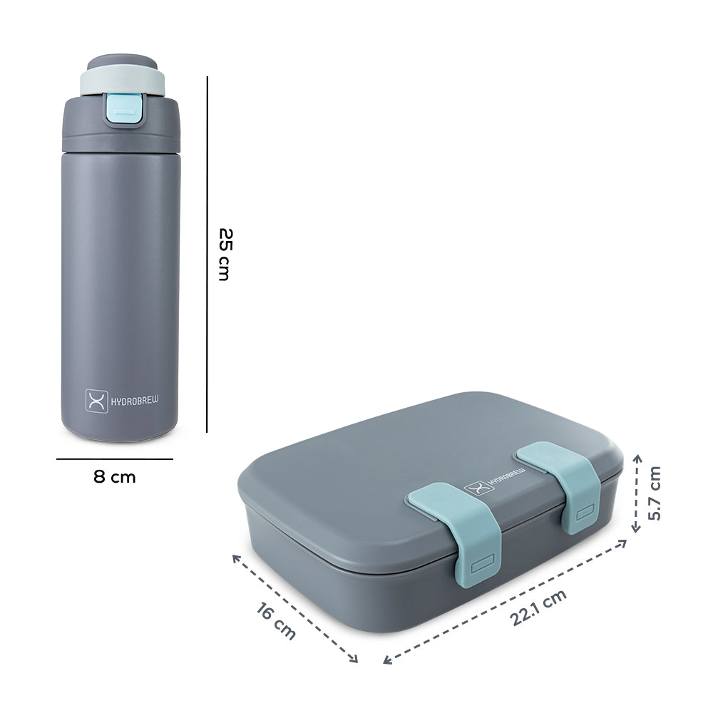 Hydrobrew Steel Core Bento Lunch Box 839ml w/ SipSwitch Insulated Water Bottle 720ml | Stainless Steel Leakproof Meal Box – Graphite