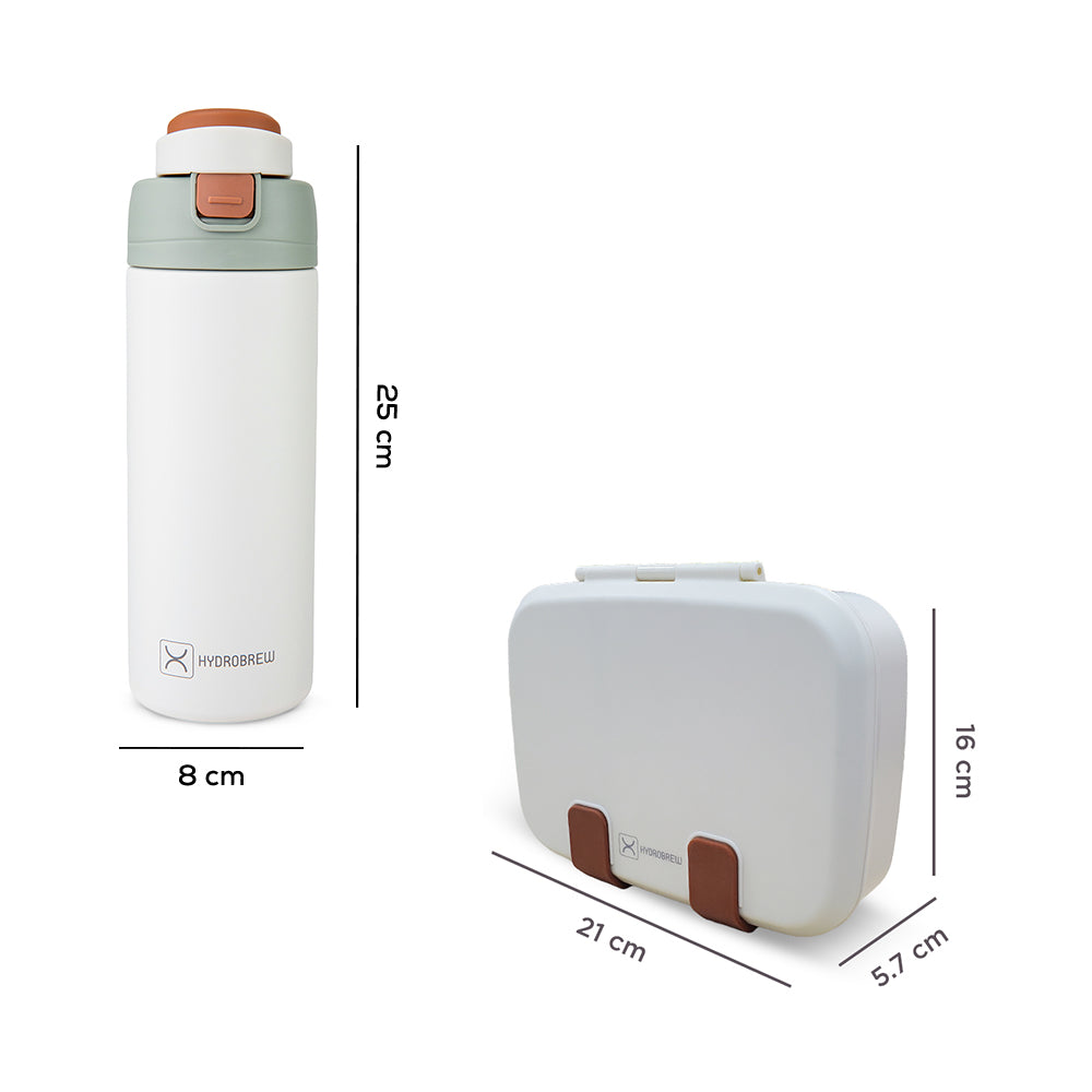 Hydrobrew Steel Core Bento Lunch Box 839ml w/ SipSwitch Insulated Water Bottle 720ml | Stainless Steel Leakproof Meal Box – Ivory Terracotta