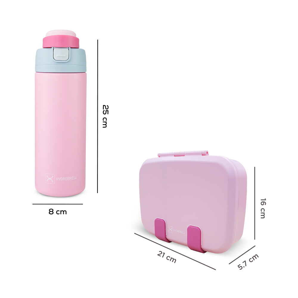 Hydrobrew Steel Core Bento Lunch Box 839ml w/ SipSwitch Insulated Water Bottle 720ml | Stainless Steel Leakproof Meal Box – Rose Silk