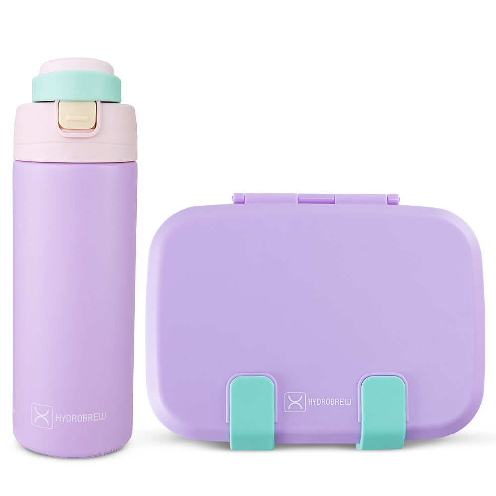 Hydrobrew Steel Core Bento Lunch Box 839ml w/ SipSwitch Insulated Water Bottle 720ml | Stainless Steel Leakproof Meal Box – Orchid Mist