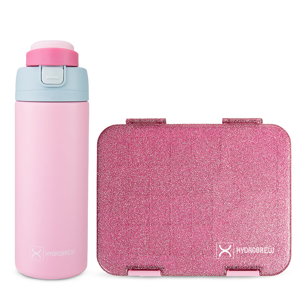 Hydrobrew Sparkle Bento Lunch Box w/ SipSwitch Insulated Water Bottle 720ml | Tritan Leakproof Meal Box – Blush