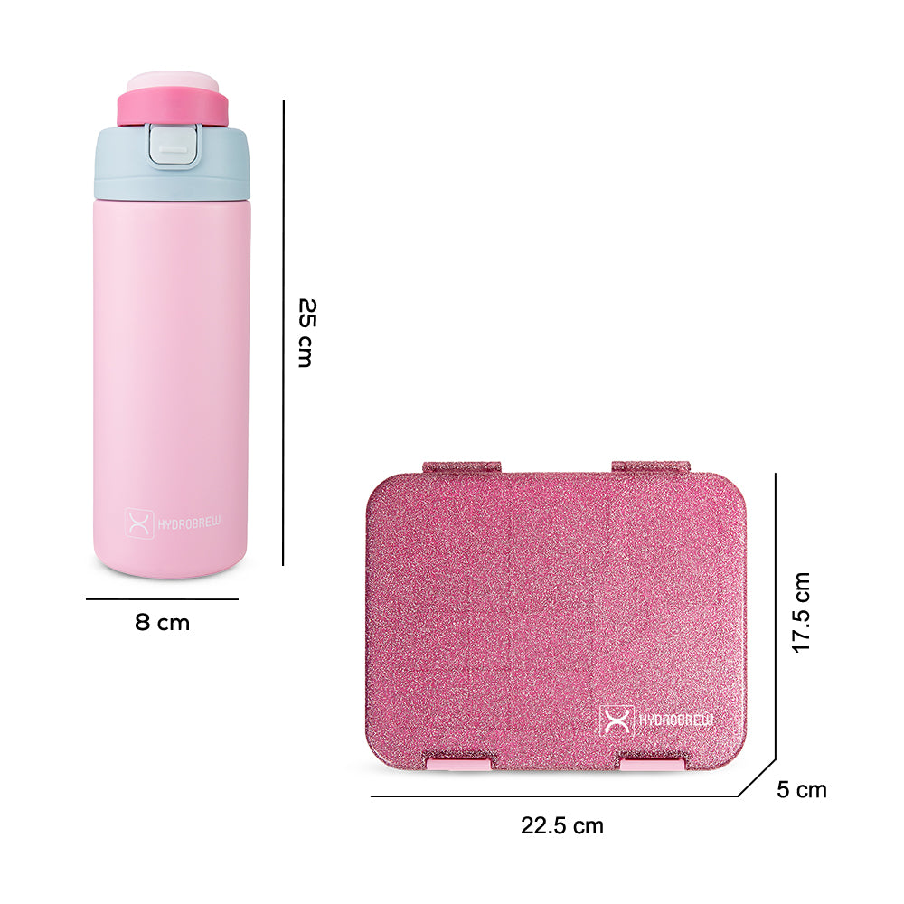 Hydrobrew Sparkle Bento Lunch Box w/ SipSwitch Insulated Water Bottle 720ml | Tritan Leakproof Meal Box – Blush