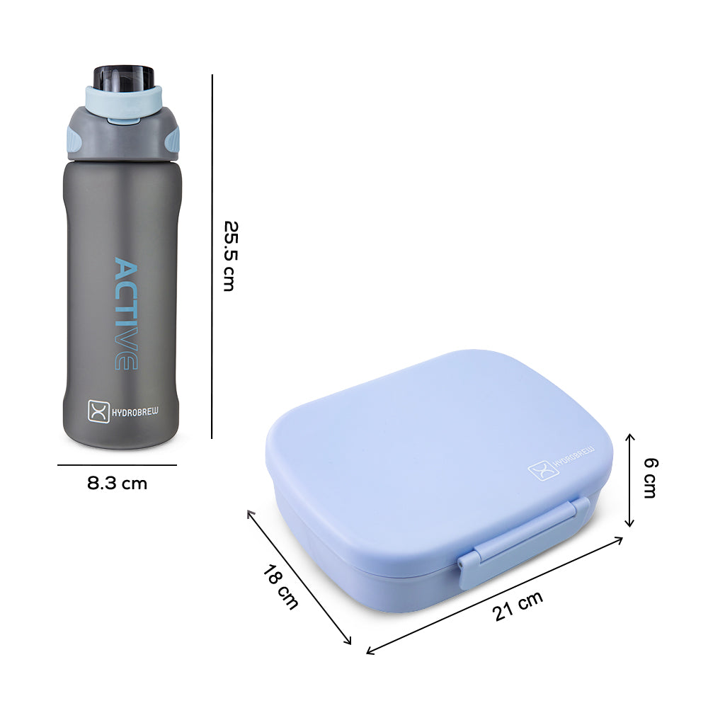 Hydrobrew Smart Serve Bento Lunch Box 1100ml w/ Sip Switch Tritan Water Bottle 1000ml | 5 Compartment Meal Box – Sky Mist