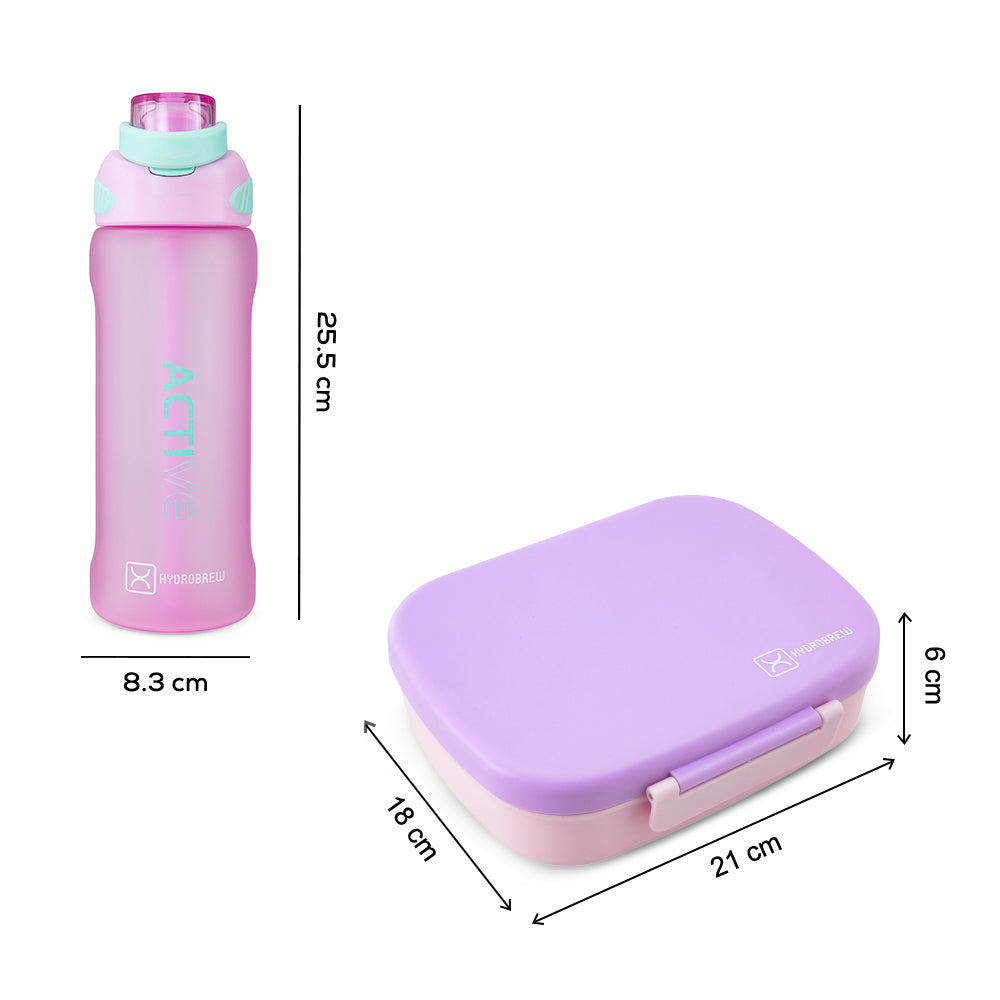Hydrobrew Smart Serve Bento Lunch Box 1100ml w/ Sip Switch Tritan Water Bottle 1000ml | 5 Compartment Meal Box – Lilac Blush