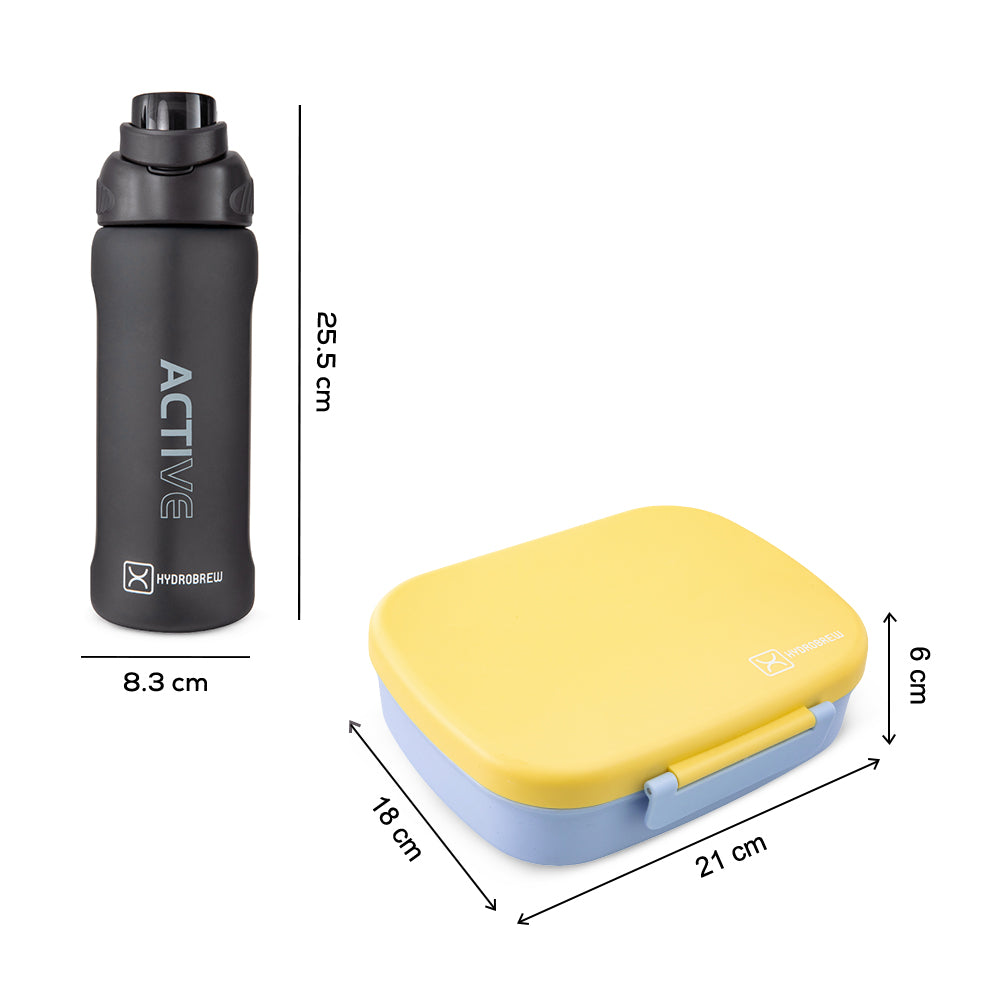 Hydrobrew Smart Serve Bento Lunch Box 1100ml w/ Sip Switch Tritan Water Bottle 1000ml | 5 Compartment Meal Box – Sunny Sky