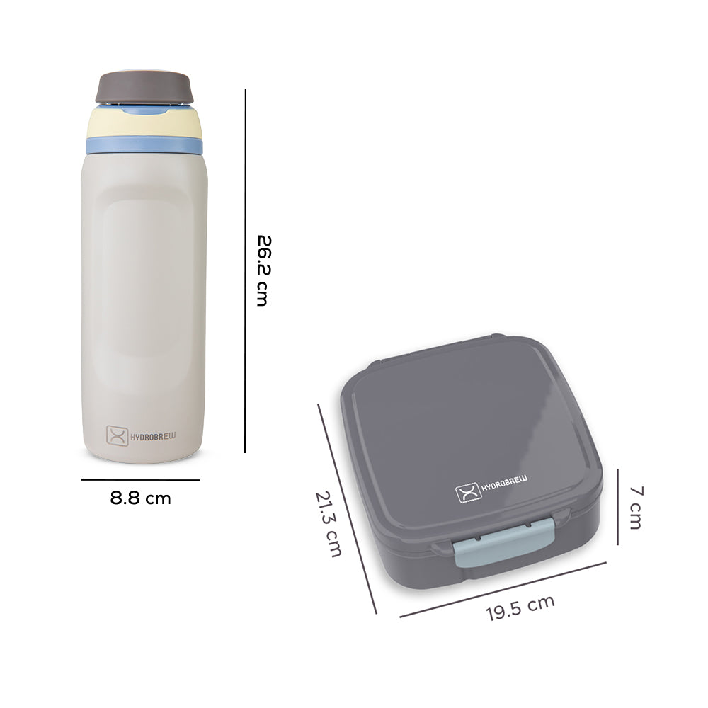 Hydrobrew Mega Flex Bento Lunch Box 1864ml w/ Sip Switch Water Bottle 1000ml | Leakproof Meal Box w/ Steel Jar – Graphite