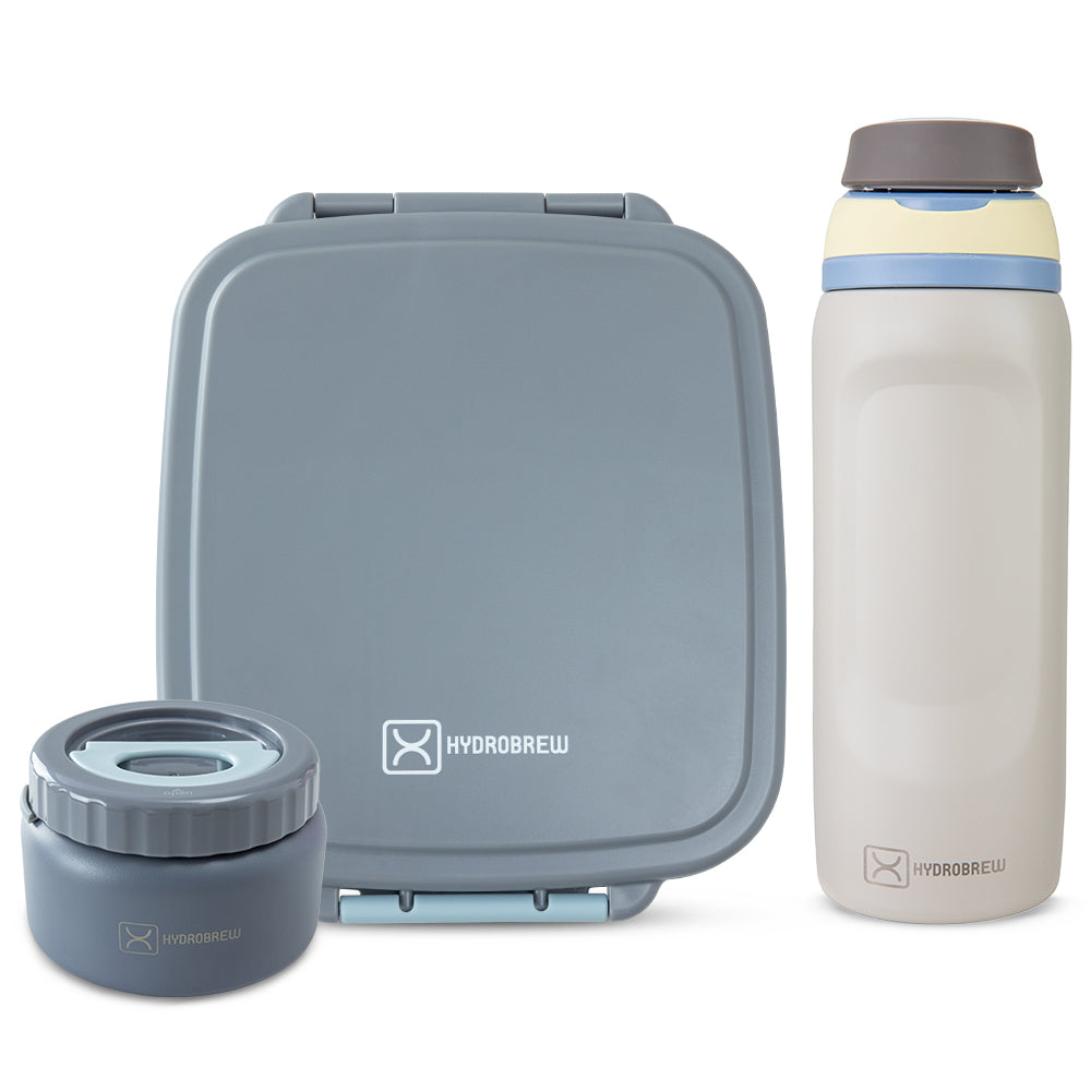 Hydrobrew Mega Flex Bento Lunch Box 1864ml w/ Sip Switch Water Bottle 1000ml | Leakproof Meal Box w/ Steel Jar – Graphite