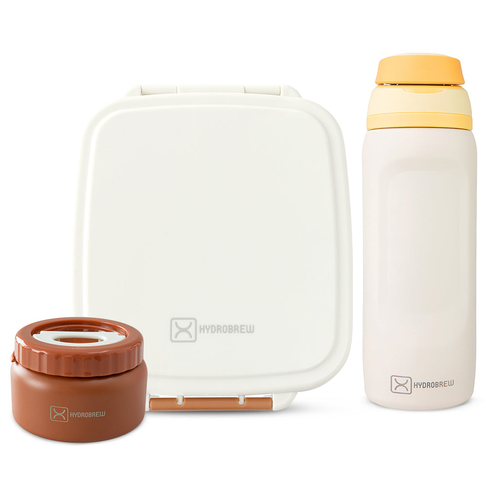 Hydrobrew Mega Flex Bento Lunch Box 1864ml w/ Sip Switch Water Bottle 1000ml | Leakproof Meal Box w/ Steel Jar – Ivory Terracotta