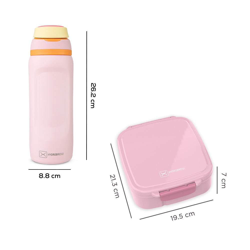 Hydrobrew Mega Flex Bento Lunch Box 1864ml w/ Sip Switch Water Bottle 1000ml | Leakproof Meal Box w/ Steel Jar – Rose Silk