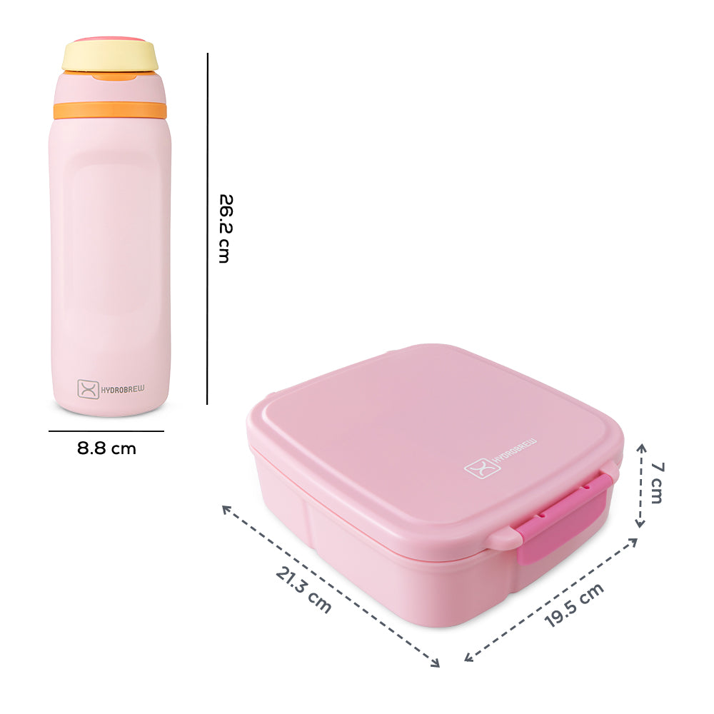 Hydrobrew Mega Flex Bento Lunch Box 1864ml w/ Sip Switch Water Bottle 1000ml | Leakproof Meal Box w/ Steel Jar – Rose Silk