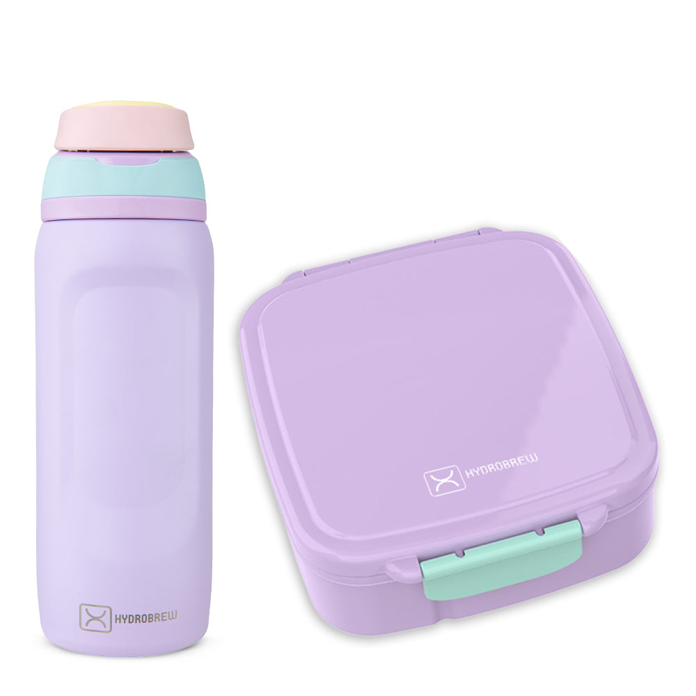 Hydrobrew Mega Flex Bento Lunch Box 1864ml w/ Sip Switch Water Bottle 1000ml | Leakproof Meal Box w/ Steel Jar – Orchid Mist