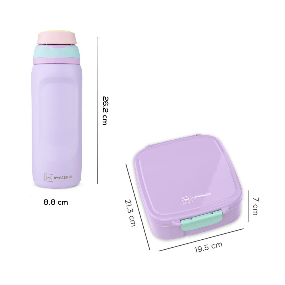 Hydrobrew Mega Flex Bento Lunch Box 1864ml w/ Sip Switch Water Bottle 1000ml | Leakproof Meal Box w/ Steel Jar – Orchid Mist