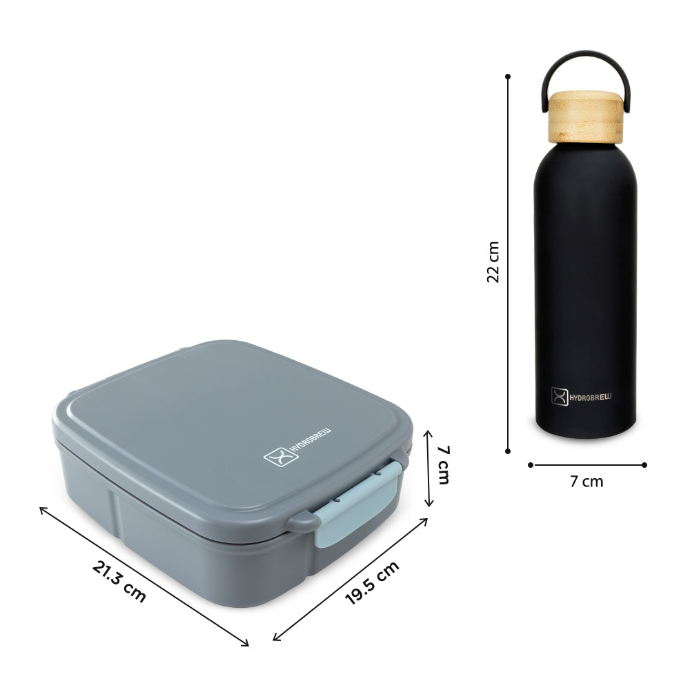Hydrobrew Mega Flex Bento Lunch Box 1864ml & Double Wall Stainless Steel Water Bottle 500ml – Graphite