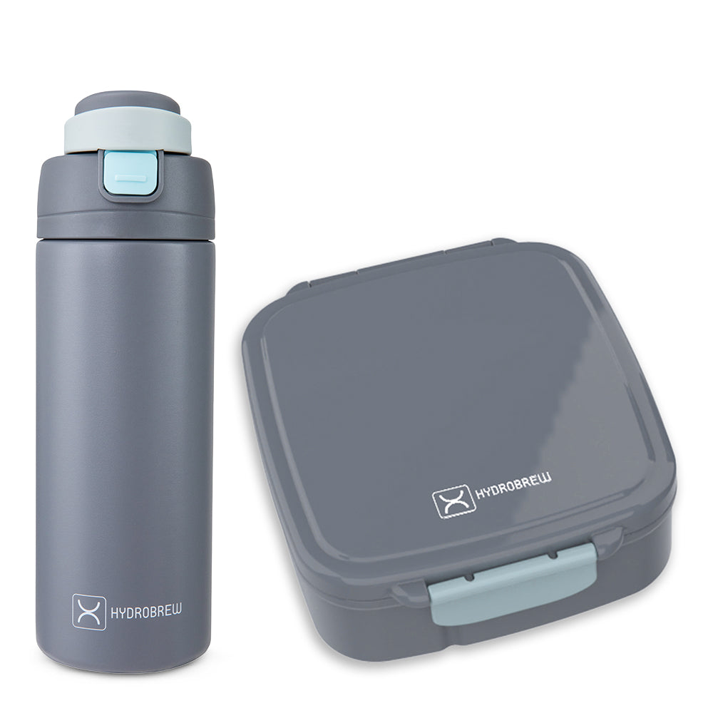 Hydrobrew Mega Flex Bento Lunch Box 1864ml w/ SipSwitch Insulated Water Bottle 720ml | Leakproof Meal Box w/ Steel Jar – Graphite