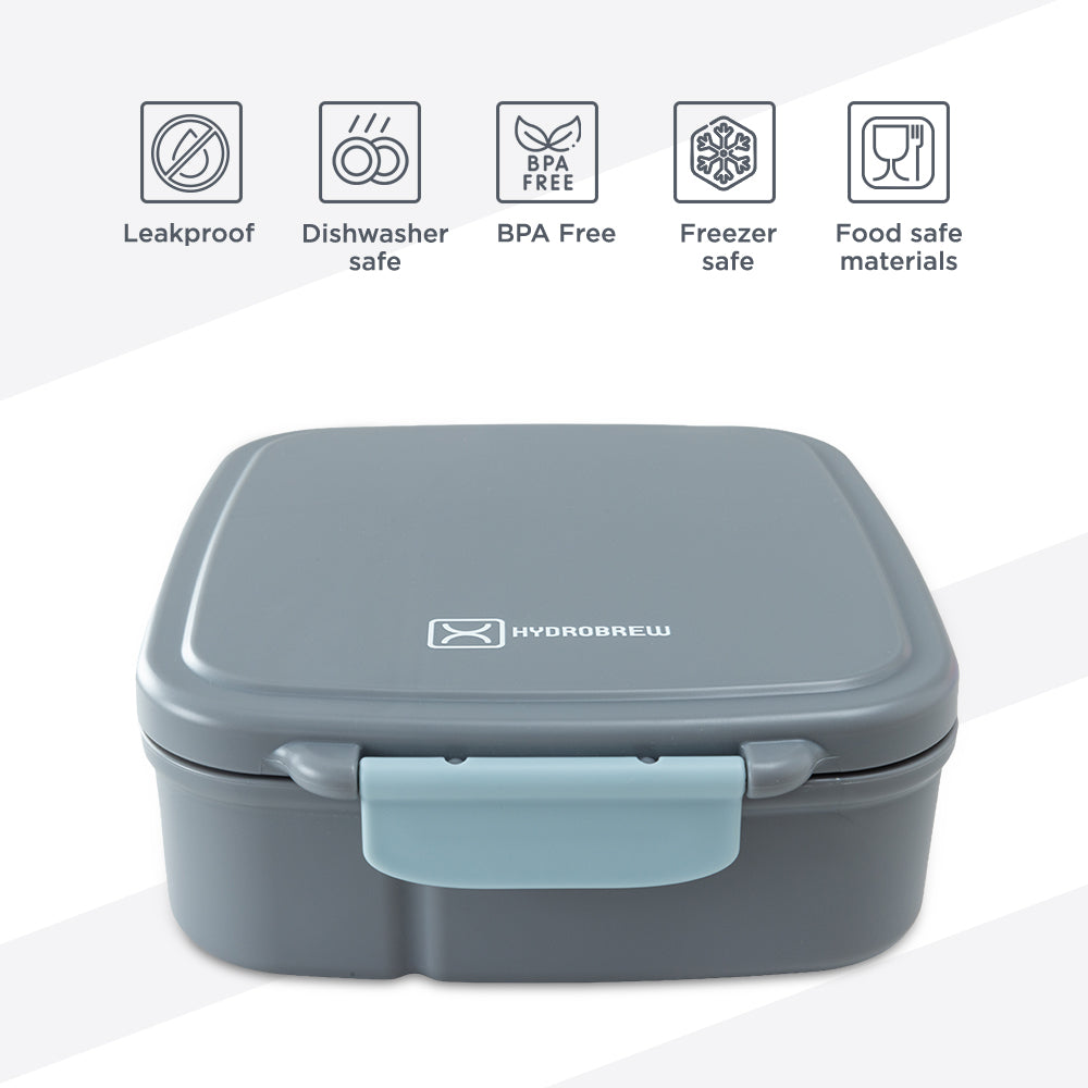 Hydrobrew Mega Flex Bento Lunch Box 1864ml w/ SipSwitch Insulated Water Bottle 720ml | Leakproof Meal Box w/ Steel Jar – Graphite