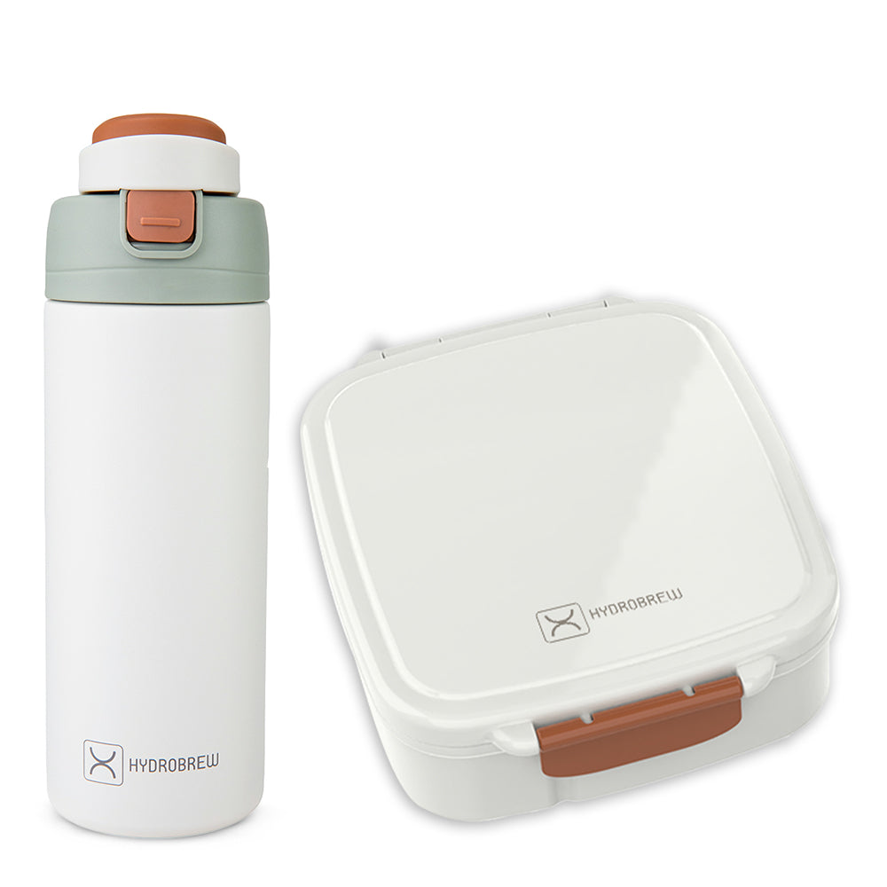 Hydrobrew Mega Flex Bento Lunch Box 1864ml w/ SipSwitch Insulated Water Bottle 720ml | Leakproof Meal Box w/ Steel Jar – Ivory Terracotta