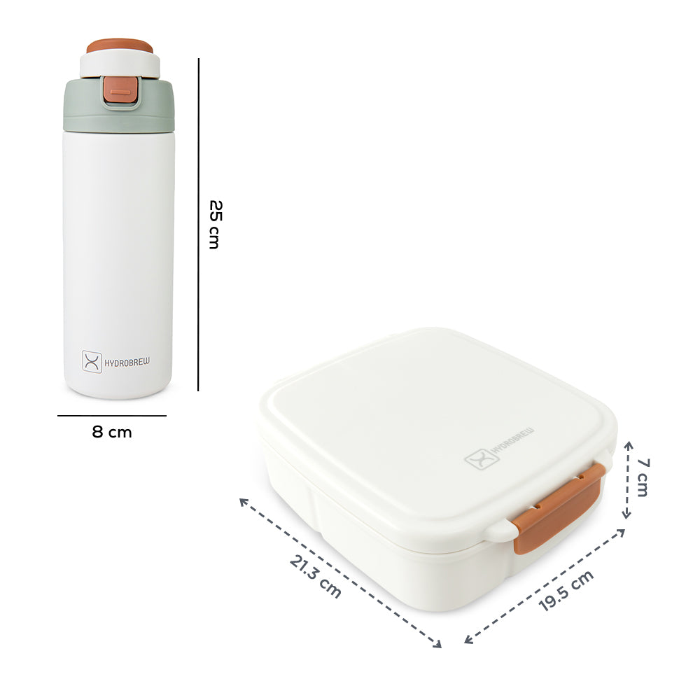 Hydrobrew Mega Flex Bento Lunch Box 1864ml w/ SipSwitch Insulated Water Bottle 720ml | Leakproof Meal Box w/ Steel Jar – Ivory Terracotta