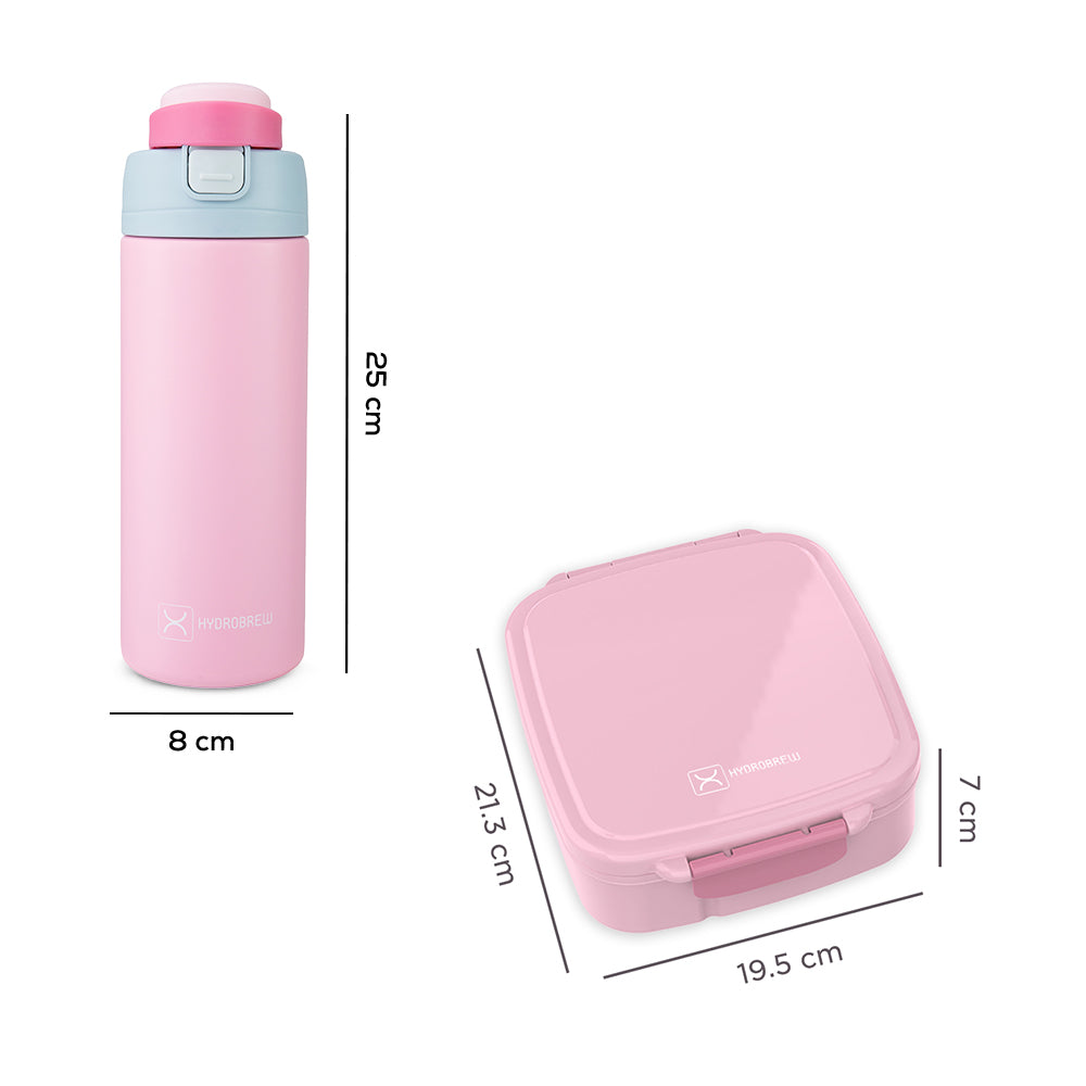 Hydrobrew Mega Flex Bento Lunch Box 1864ml w/ SipSwitch Insulated Water Bottle 720ml | Leakproof Meal Box w/ Steel Jar – Rose Silk