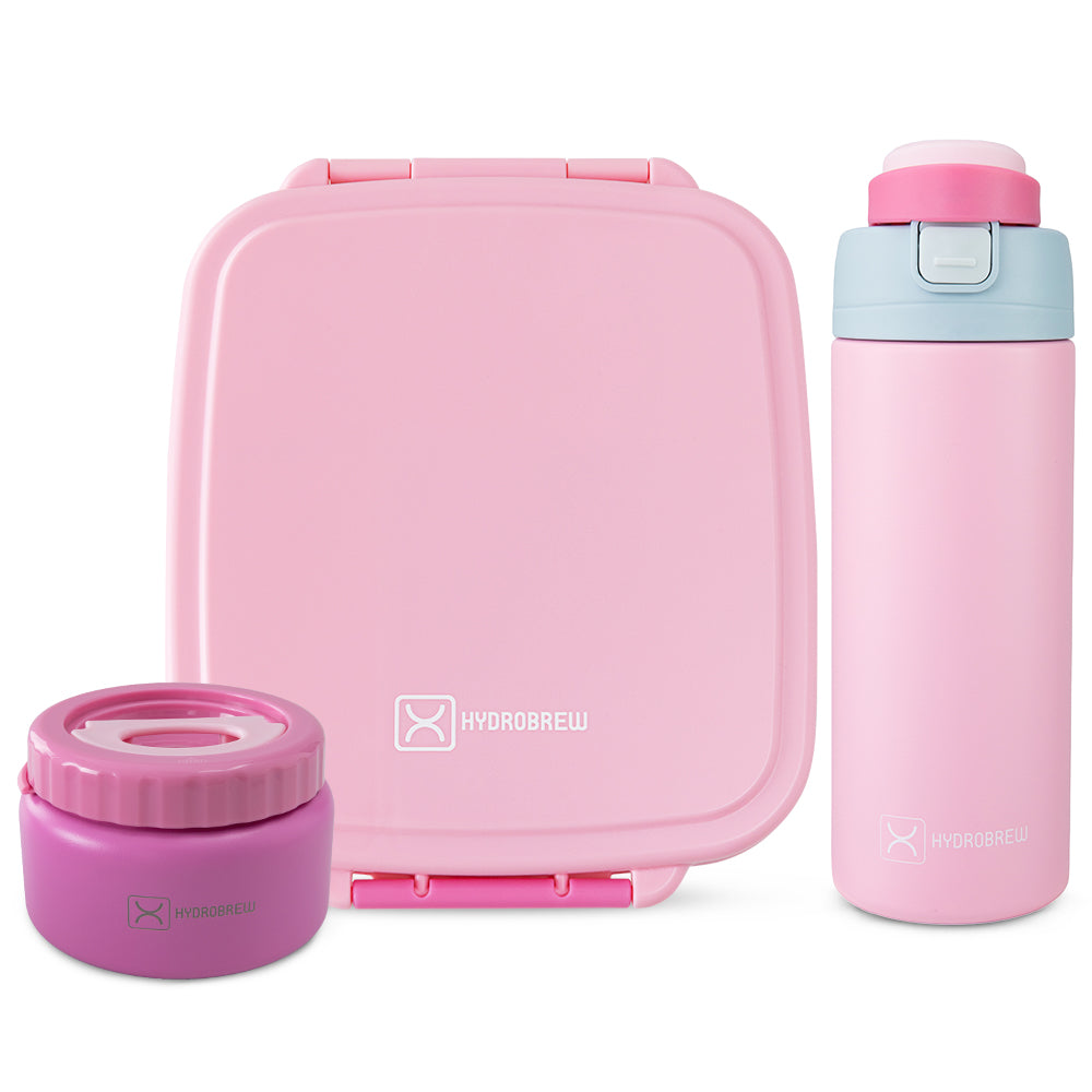 Hydrobrew Mega Flex Bento Lunch Box 1864ml w/ SipSwitch Insulated Water Bottle 720ml | Leakproof Meal Box w/ Steel Jar – Rose Silk