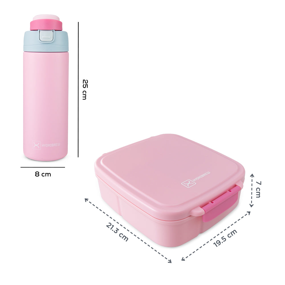 Hydrobrew Mega Flex Bento Lunch Box 1864ml w/ SipSwitch Insulated Water Bottle 720ml | Leakproof Meal Box w/ Steel Jar – Rose Silk