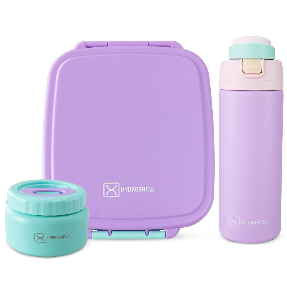 Hydrobrew Mega Flex Bento Lunch Box 1864ml w/ SipSwitch Insulated Water Bottle 720ml | Leakproof Meal Box w/ Steel Jar – Orchid Mist