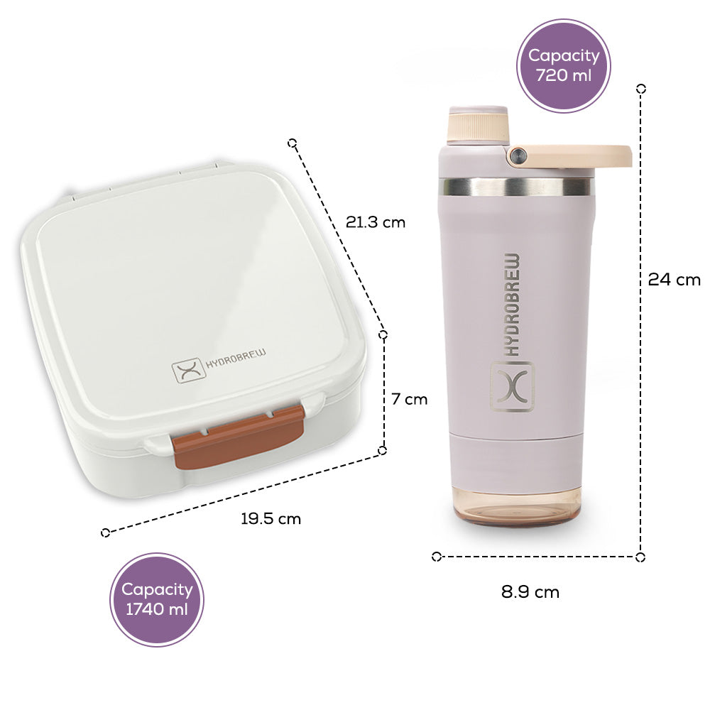 Hydrobrew Mega Flex Bento Lunch Box 1864ml w/ Sip Core Stainless Steel Bottle 720ml | Leakproof Meal Box w/ Steel Jar – Ivory Terracotta