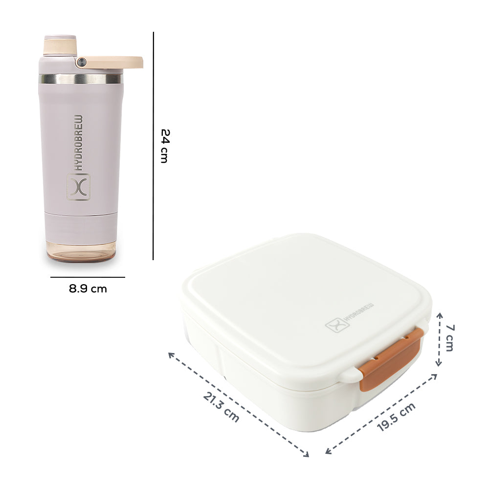 Hydrobrew Mega Flex Bento Lunch Box 1864ml w/ Sip Core Stainless Steel Bottle 720ml | Leakproof Meal Box w/ Steel Jar – Ivory Terracotta
