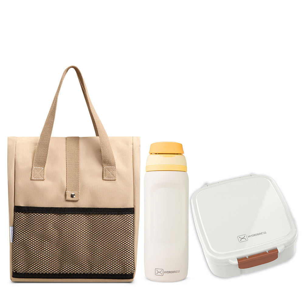 Hydrobrew Mega Flex Bento Lunch Box 1864ml w/ Lunch Bag & Bottle – Leakproof Set Ivory Terracotta