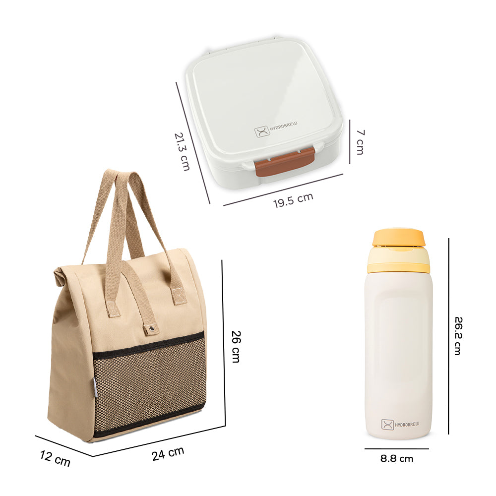 Hydrobrew Mega Flex Bento Lunch Box 1864ml w/ Lunch Bag & Bottle – Leakproof Set Ivory Terracotta