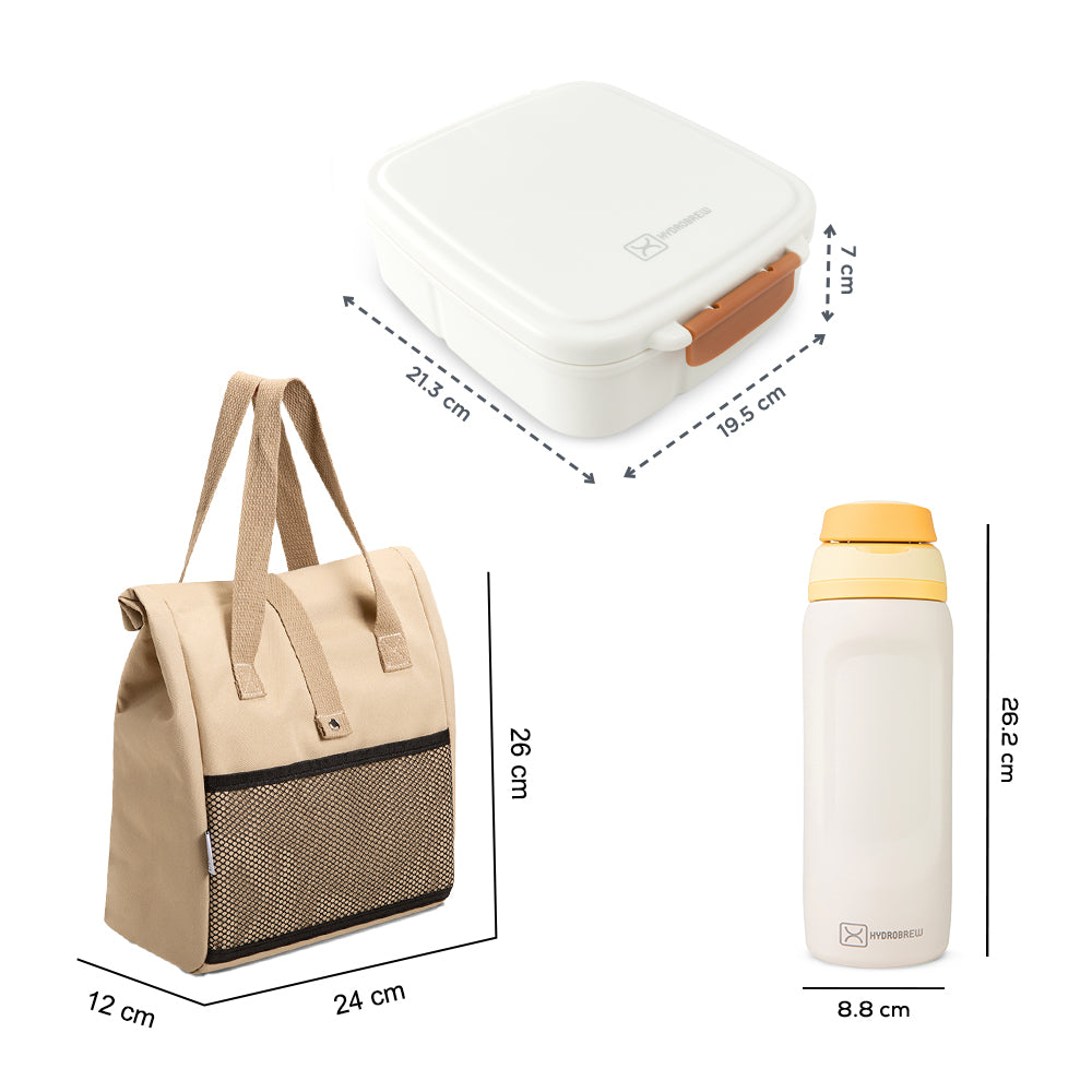 Hydrobrew Mega Flex Bento Lunch Box 1864ml w/ Lunch Bag & Bottle – Leakproof Set Ivory Terracotta
