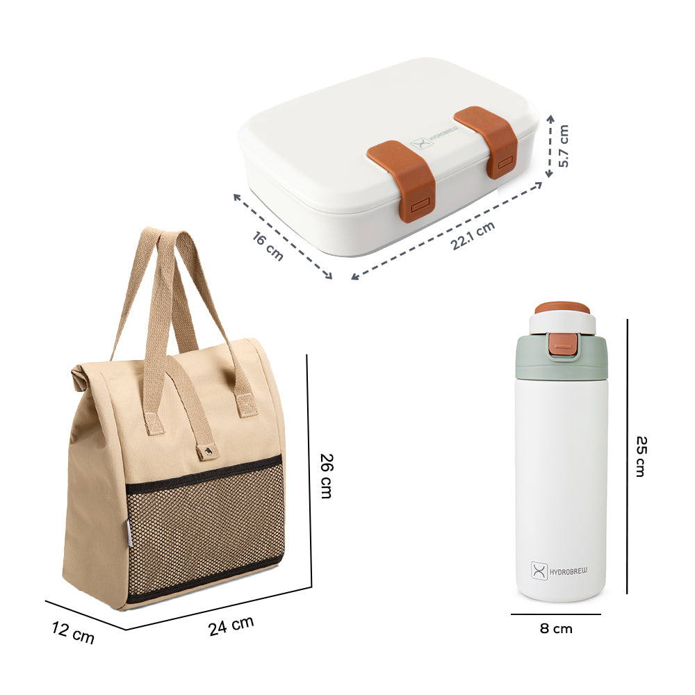 Hydrobrew Mega Flex Bento Lunch Box 1864ml w/ Lunch Bag & 720ml Bottle | Leakproof Meal Set – Ivory Terracotta
