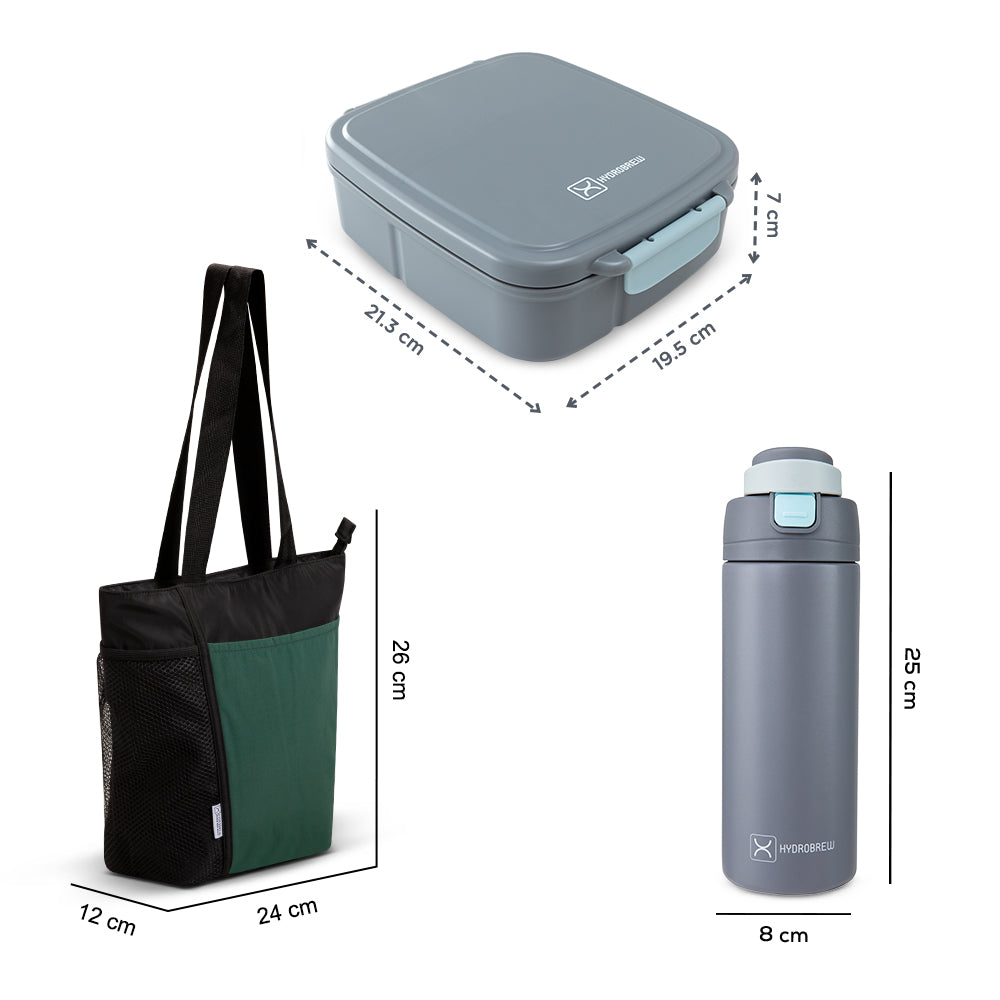 Hydrobrew Mega Flex Bento Lunch Box 1864ml w/ Lunch Bag & 720ml Bottle | Leakproof Meal Set – Graphite