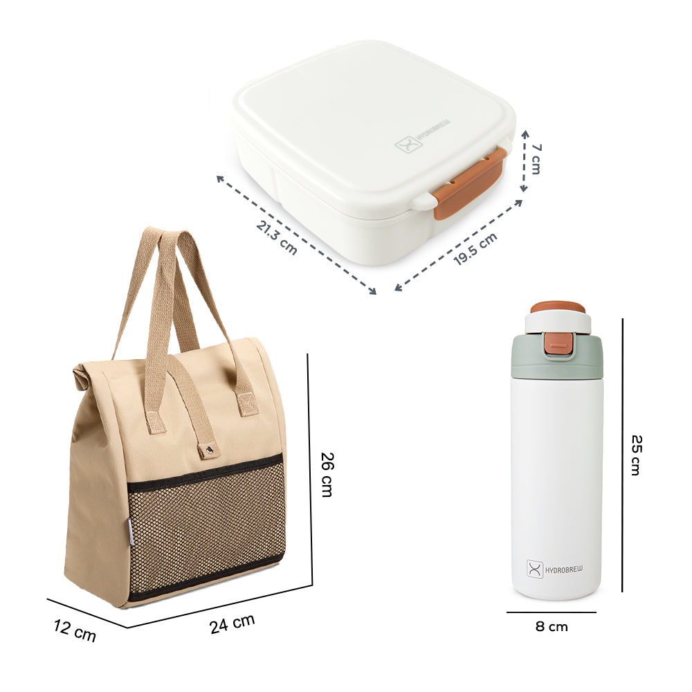 Hydrobrew Steel Core Bento Lunch Box 839ml w/ Lunch Bag & Bottle – Leakproof Set Ivory Terracotta