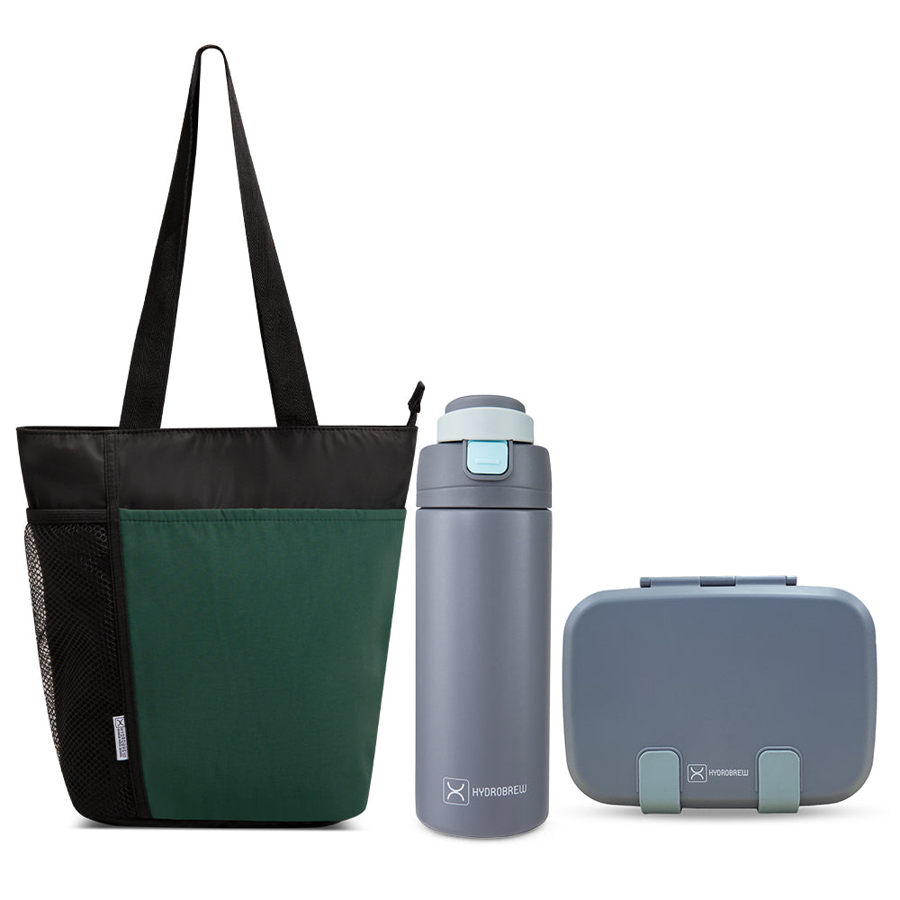 Hydrobrew Steel Core Bento Lunch Box 839ml w/ Lunch Bag & Bottle – Leakproof Meal Set Graphite