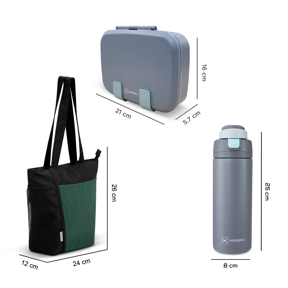Hydrobrew Steel Core Bento Lunch Box 839ml w/ Lunch Bag & Bottle – Leakproof Meal Set Graphite