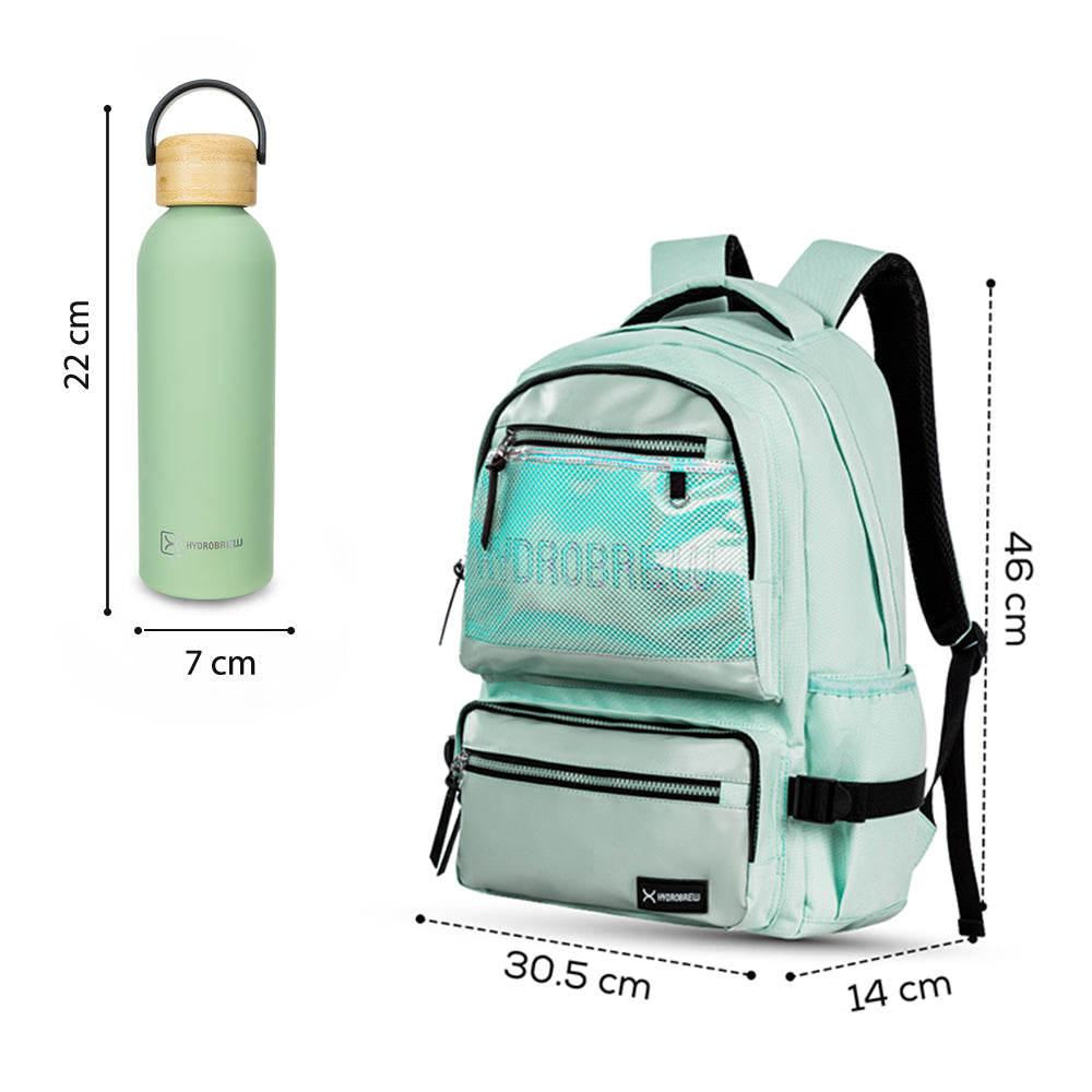Hydrobrew 18inch Backpack & Double Wall Stainless Steel Water Bottle 500ml – Olive Green