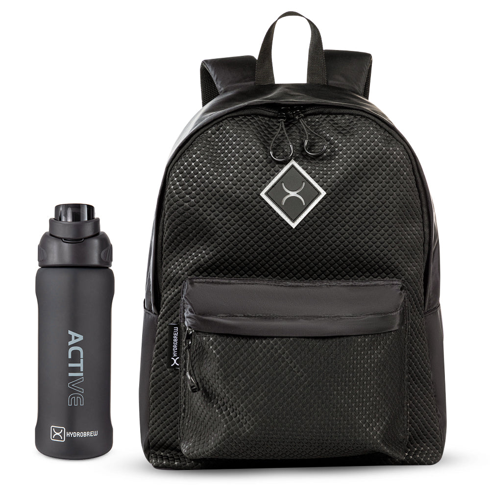 Hydrobrew 17" Backpack w/ Sip Switch Tritan Water Bottle 1000ml | Laptop Backpack w/ Bottle – Black