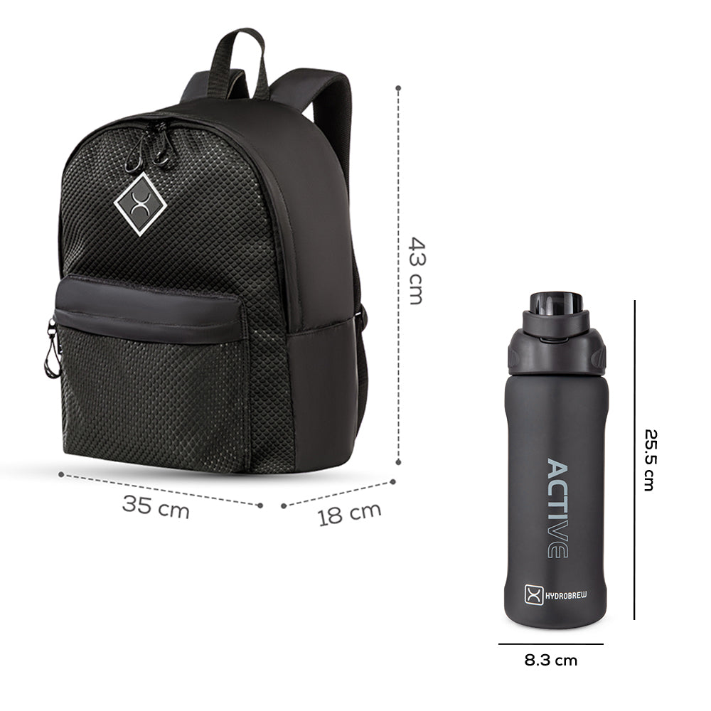 Hydrobrew 17" Backpack w/ Sip Switch Tritan Water Bottle 1000ml | Laptop Backpack w/ Bottle – Black