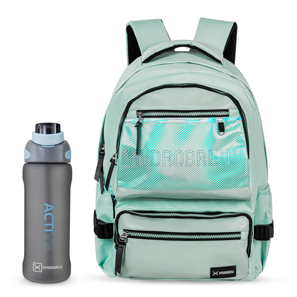 Hydrobrew 18" Backpack w/ Sip Switch Tritan Water Bottle 1000ml | Laptop Backpack w/ Bottle β Green