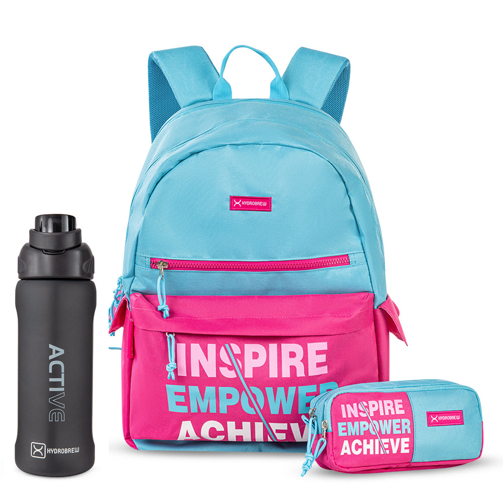 Hydrobrew 18" Backpack w/ Sip Switch Tritan Water Bottle 1000ml | Laptop Backpack w/ Bottle β Pink