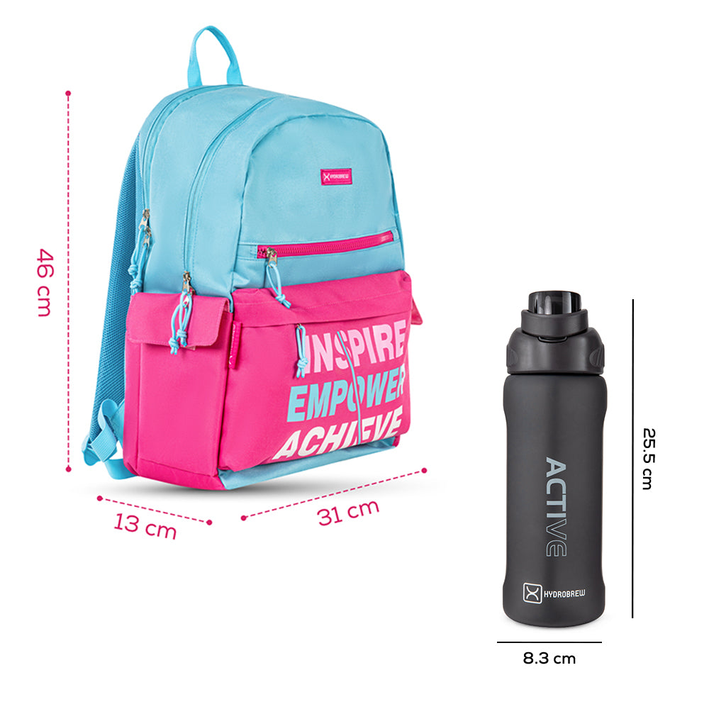 Hydrobrew 18" Backpack w/ Sip Switch Tritan Water Bottle 1000ml | Laptop Backpack w/ Bottle – Pink