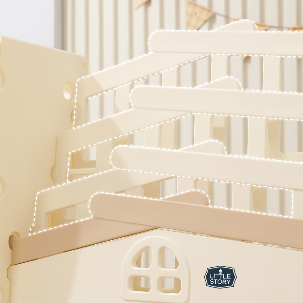 LITTLE STORY - Portable Playpen with Bookshelf, Toy Storage and Play house - White