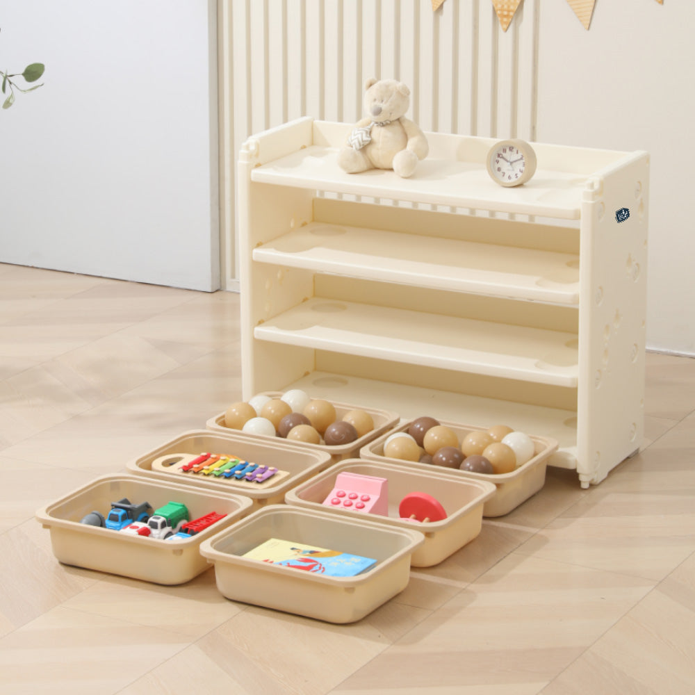 LITTLE STORY - Portable Playpen with Bookshelf, Toy Storage and Play house - White