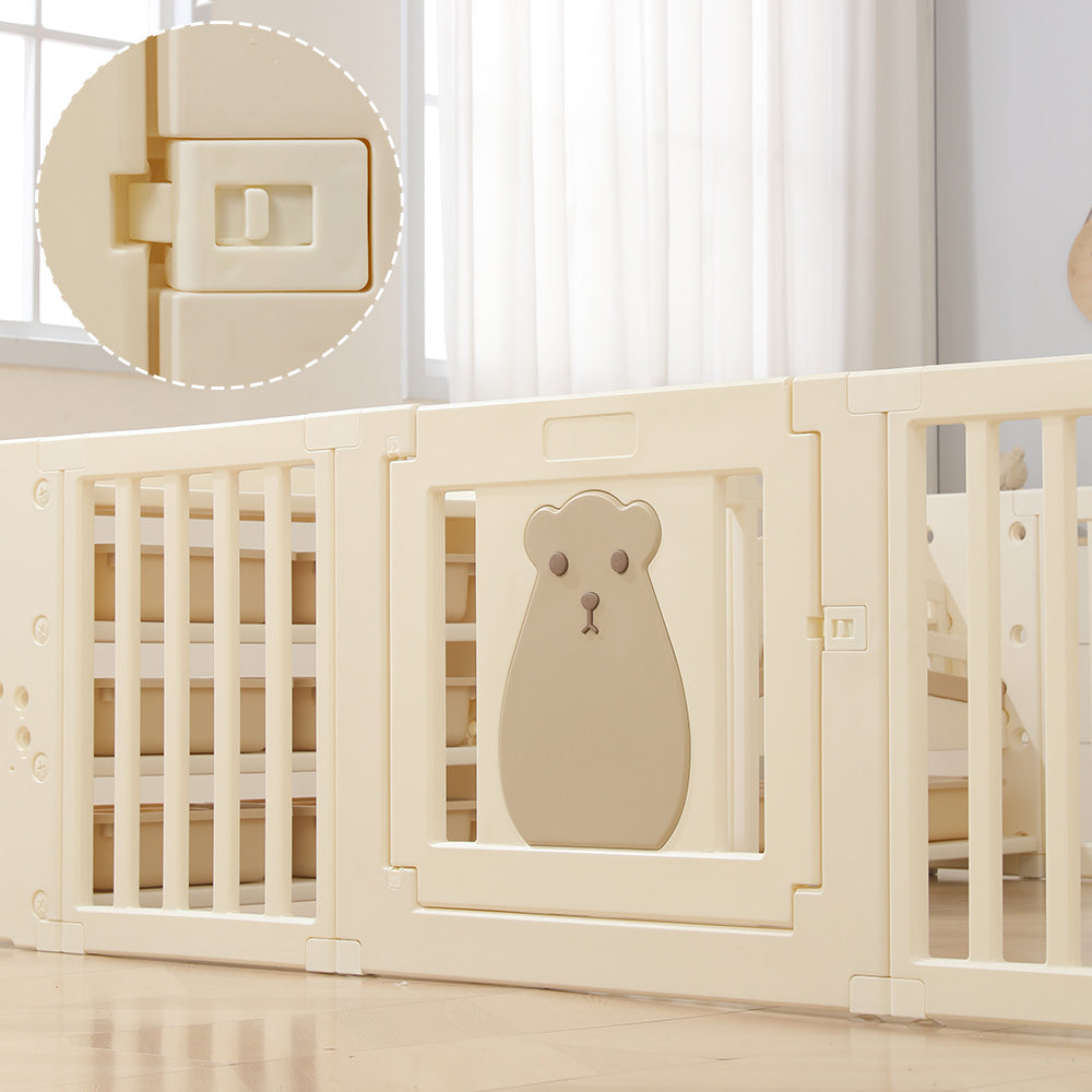 LITTLE STORY - Portable Playpen with Bookshelf, Toy Storage and Play house - White