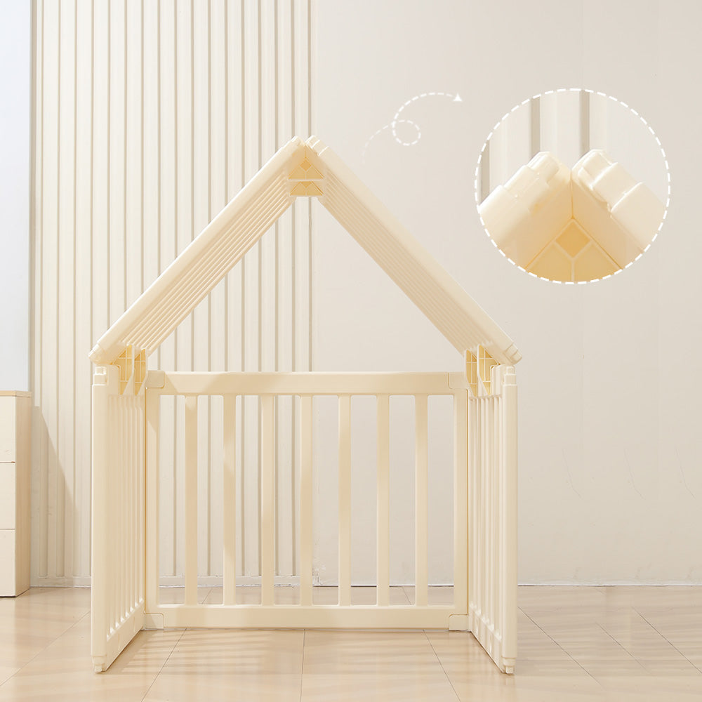 LITTLE STORY - Portable Playpen with Bookshelf, Toy Storage and Play house - White