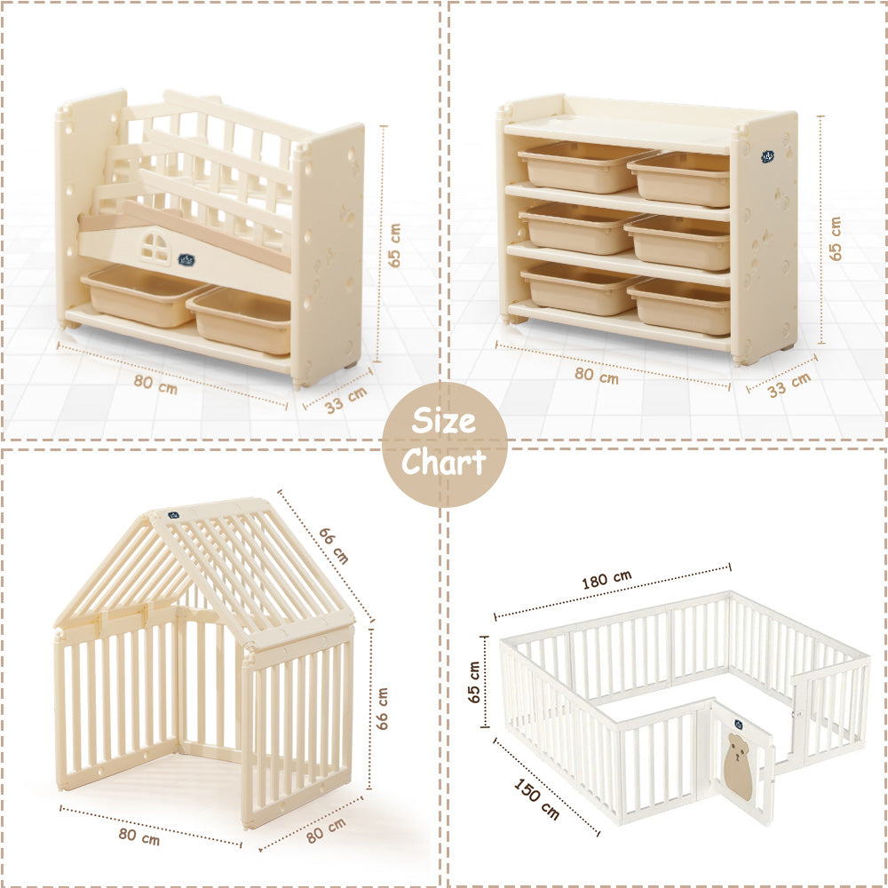 LITTLE STORY - Portable Playpen with Bookshelf, Toy Storage and Play house - White