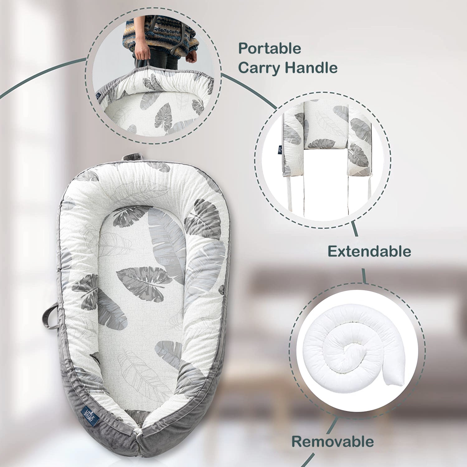 LITTLE STORY fiberfill Lounger Bed w/Feeding Pillow - Leaves